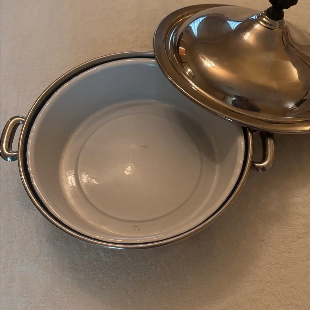 Vintage Silver Footed & Lidded Serving Dish with Cobalt Blue Insert Dish